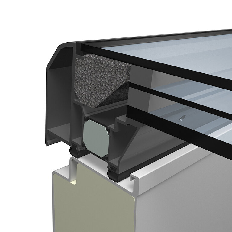 LAMILUX Flachdach Ausstieg Komfort Swing mit 3-fach Sonnenschutzisolierverglasung 60/30 und matheller Folie im technischen Querschnitt