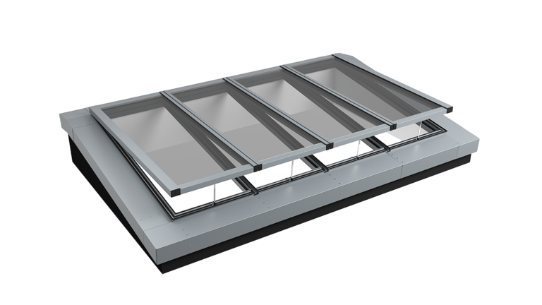 3D-Produktdarstellung eines Modulares Glasdach-Systems mit mehreren Glaselementen in Aluminiumrahmen