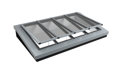3D-Produktdarstellung eines Modulares Glasdach-Systems mit mehreren Glaselementen in Aluminiumrahmen