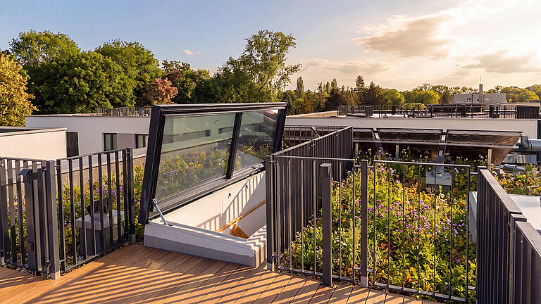 Geöffneter Flachdach Ausstieg mit Aluminium-Rahmen und Holztreppe auf moderner Dachterrasse mit WPC-Dielen