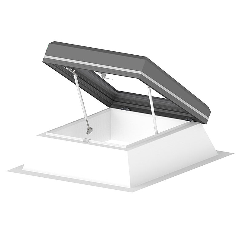 Flachdach Fenster Aluminium als Produkterweiterung mit manuellem Dachausstieg und geöffnetem Flügel