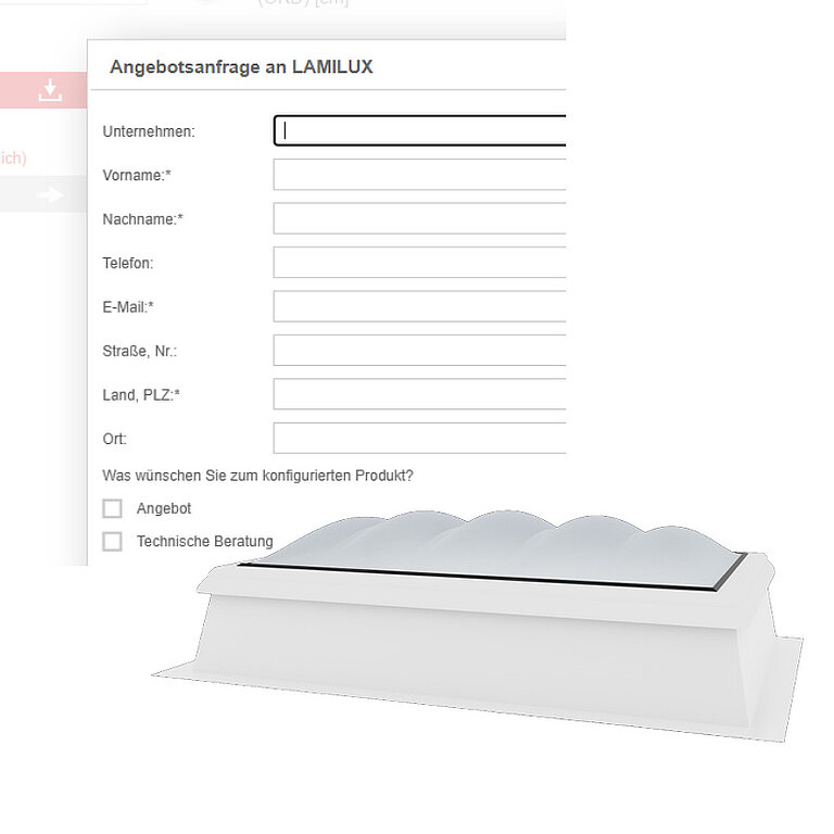 Produktkonfigurator für LAMILUX Tageslichtsysteme – digitale Auswahl und Konfiguration eines Flachdach-Elements