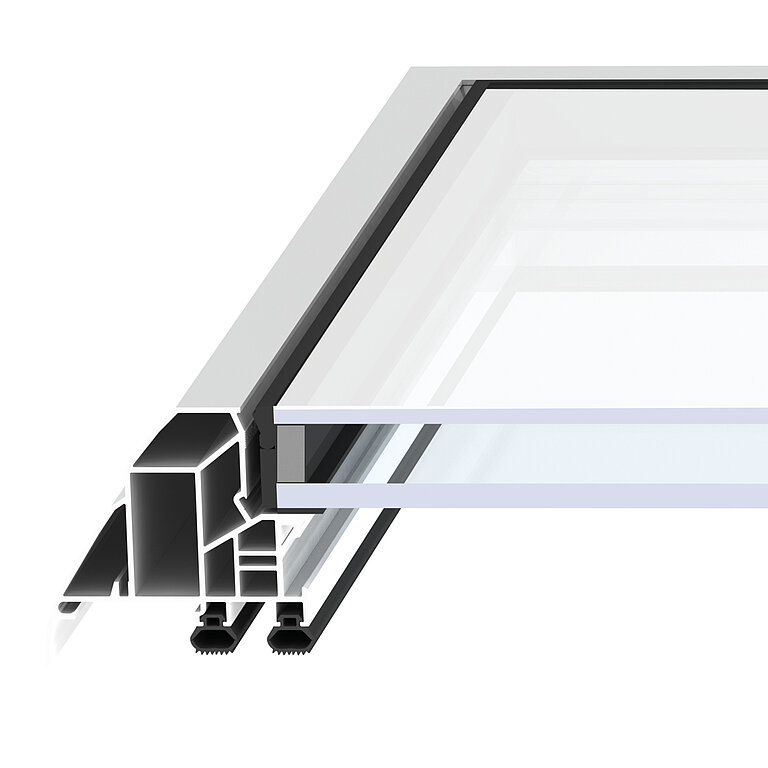LAMILUX Flachdach Fenster F100 mit zweifacher Wärmeschutzverglasung im technischen Querschnitt