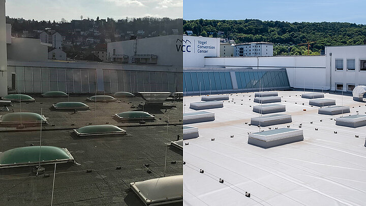 Flachdach mit Bitumenabdichtung und mehreren Flachdächern auf Industriegebäude