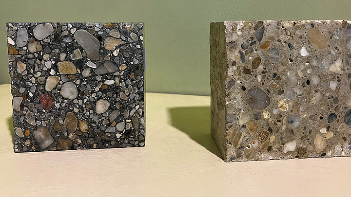 Zwei Muster unterschiedlicher Beton-Varianten aus der Forschung des Fraunhofer-Instituts 
