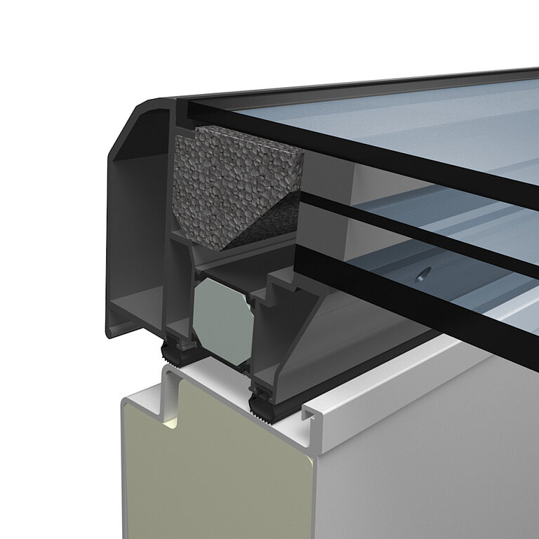 LAMILUX Flachdach Ausstieg Komfort Swing mit 3-fach Sonnenschutzisolierverglasung 50/25 im technischen Querschnitt