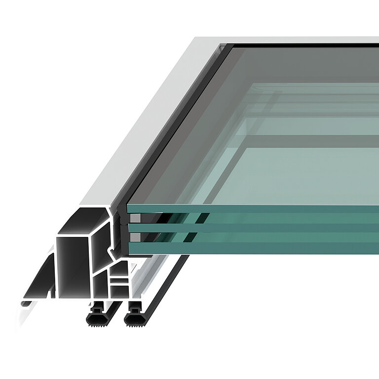 LAMILUX Flachdach Fenster F100 mit Dreifachverglasung im technischen Querschnitt