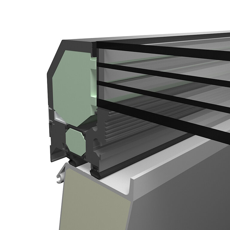 LAMILUX Flachdach Fenster FE Passivhaus mit vierfacher Wärmeschutzverglasung im technischen Querschnitt