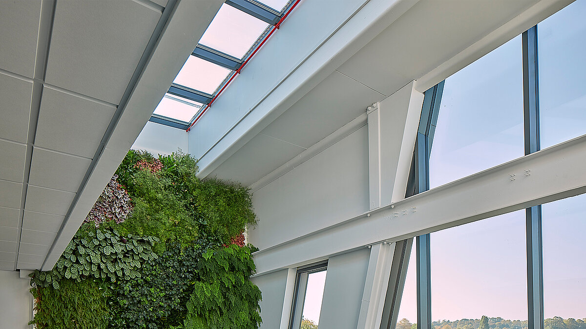 Innenansicht mit LAMILUX Glasdach PR60, weißen Stahlträgern und begrünter Wand