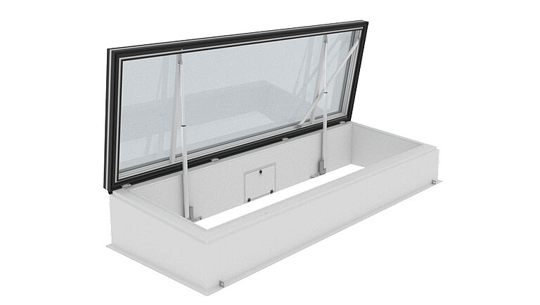 LAMILUX Flachdach Ausstieg Service FE mit geöffnetem Glasdeckel im technischen Produktbild