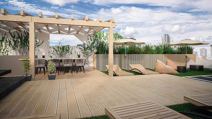 Moderne Dachterrasse mit Holzpergola, Sitzbereich und dekorativem Bodenbelag