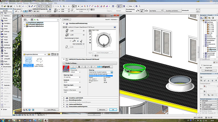 Konfiguration eines BIM Modells des LAMILUX Flachdach Fensters F100 rund