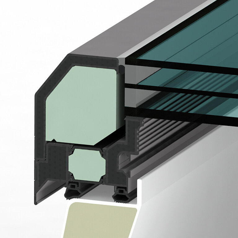 LAMILUX Flachdach Fenster FE 0° mit dreifacher Sonnenschutzverglasung im technischen Querschnitt