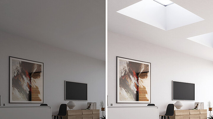 Vergleich eines Wohnraums vor und nach der Installation eines Flachdach Fensters.