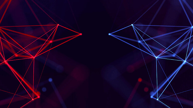 Abstrakte Darstellung eines digitalen Netzwerks mit verbundenen Punkten und Linien in roten und blauen Farbtönen auf dunklem Hintergrund