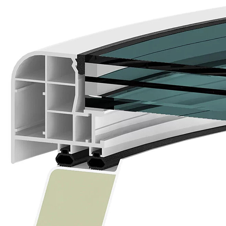 LAMILUX Flachdach Fenster F100 rund mit 3-fach Sonnenschutzverglasung im technischen Querschnitt