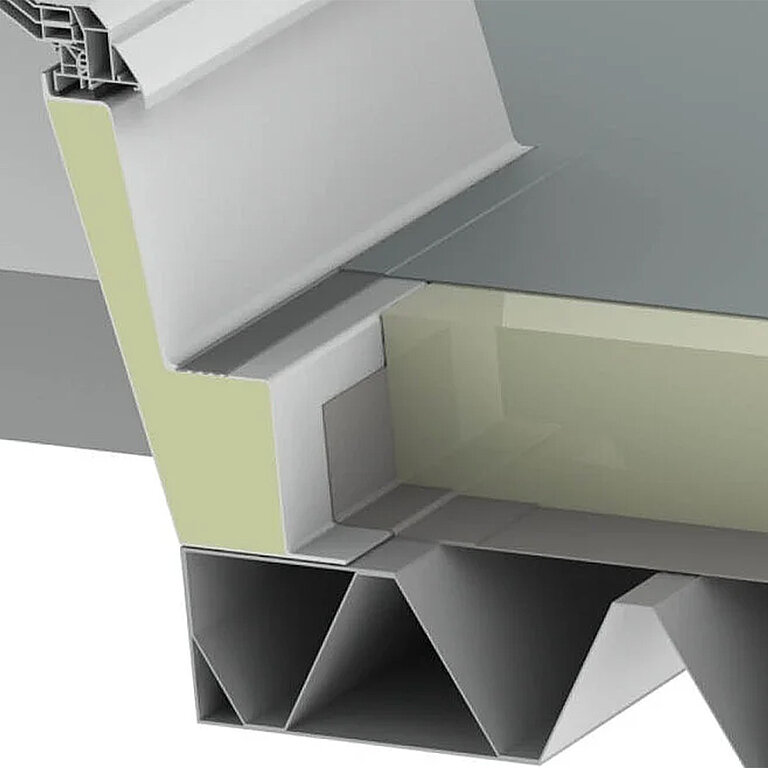 LAMILUX Aufsatzkranz mit wärmegedämmtem Fußflansch im Anschlussdetail