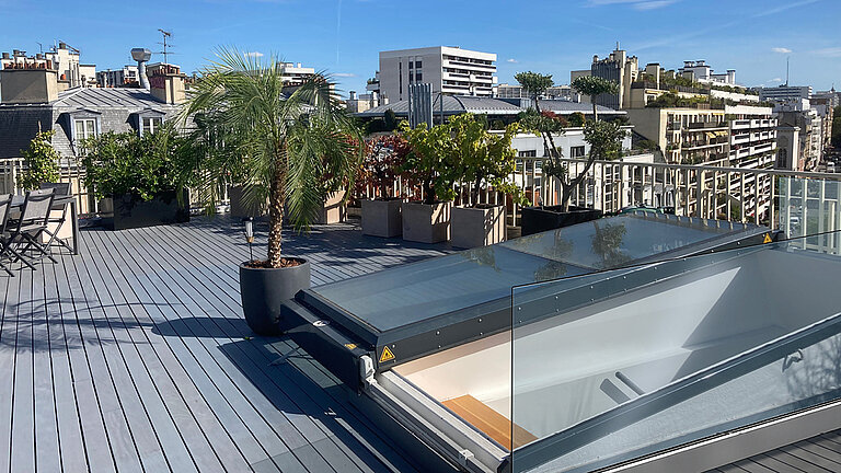 Moderne Dachterrasse in Paris mit Holzdielen, Palme, Kübelpflanzen, Glasgeländer und geöffnetem Flachdach Ausstieg