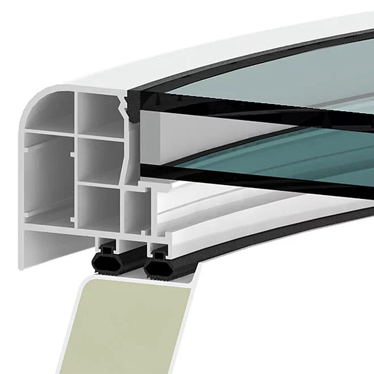 LAMILUX Flachdach Fenster F100 rund mit zweifacher Sonnenschutzverglasung im technischen Querschnitt