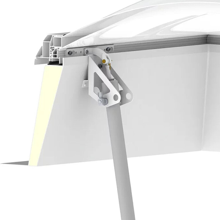 LAMILUX Lichtkuppel F100 W mit Öffnung über Pneumatikzylinder für automatische Bedienung