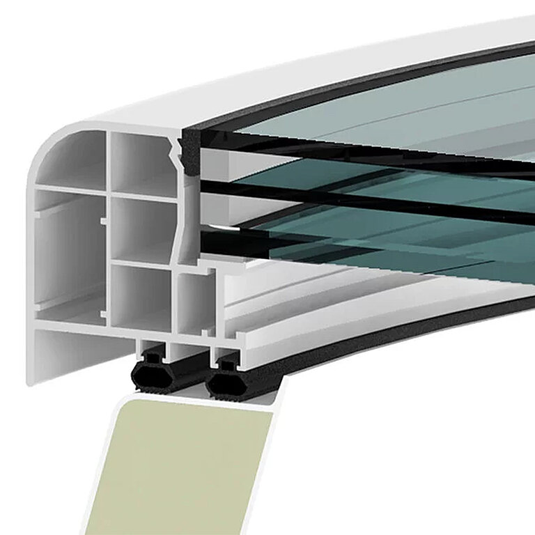 LAMILUX Flachdach Fenster F100 rund mit Dreifach-Sonnenschutzverglasung im technischen Querschnitt