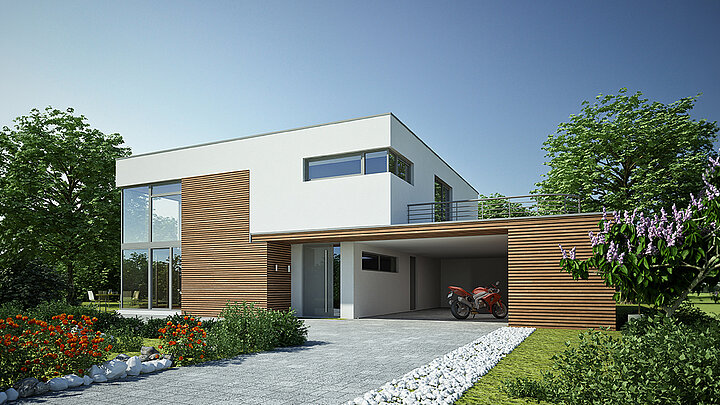 Modernes Einfamilienhaus mit Flachdach, großen Glasflächen und integrierter Terrassenüberdachung