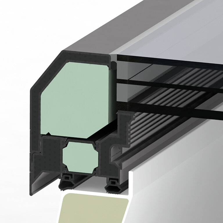 LAMILUX Flachdach Fenster FE 0° mit dreifacher Wärmeschutzverglasung im technischen Querschnitt