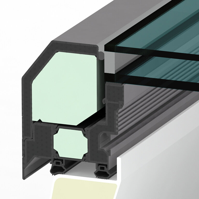 LAMILUX Flachdach Fenster FE 0° mit Sonnenschutzverglasung im technischen Querschnitt