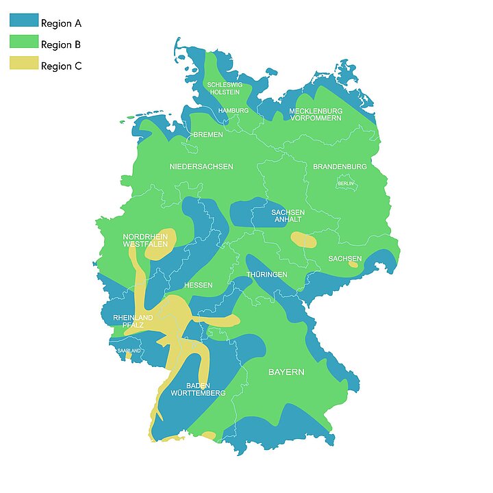 Sommerklimaregionen Deutschland nach DIN 4108-2: Karte mit Region A (kühl, blau), Region B (gemäßigt, grün) und Region C (warm, gelb) für den sommerlichen Wärmeschutz