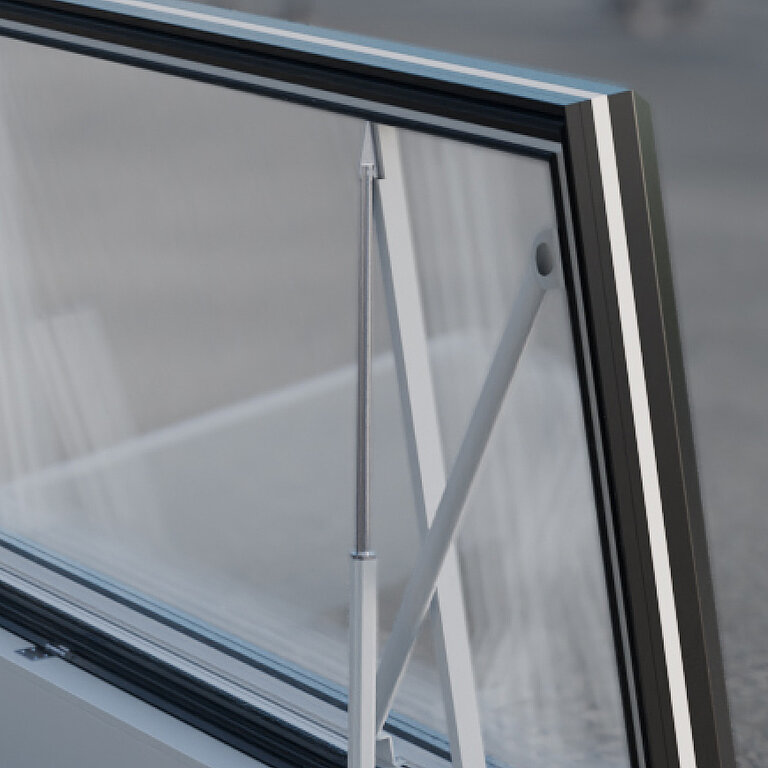 LAMILUX Flachdach Ausstieg mit geöffnetem Glasfenster und Scherenmechanik im Detail