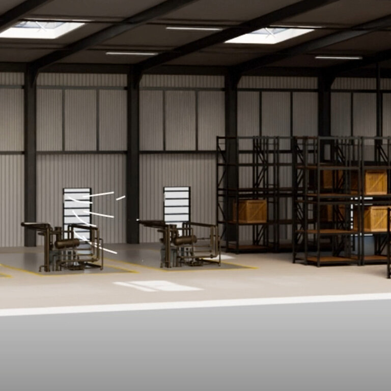 Innenansicht einer Industriehalle mit Arbeitsplätzen, Regalsystemen und Maschinen unter gleichmäßig belichteter Hallendecke