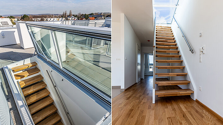 Vorher-Nachher-Vergleich einer Holztreppe mit Glasluke, links auf dem Dach, rechts im Innenraum.
