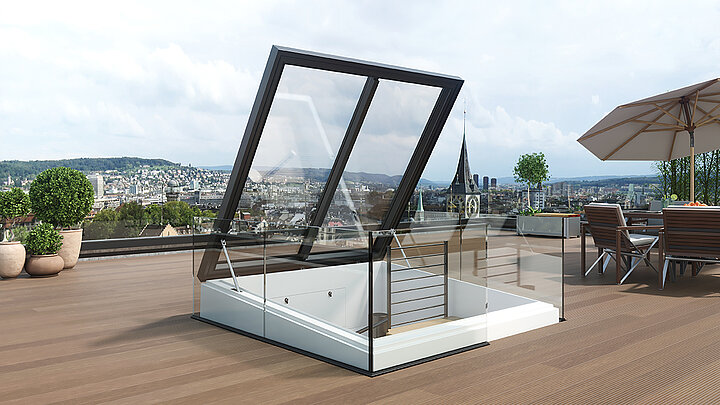 Exklusive Dachterrasse mit Glasaufgang und Panoramablick über die Stadt.