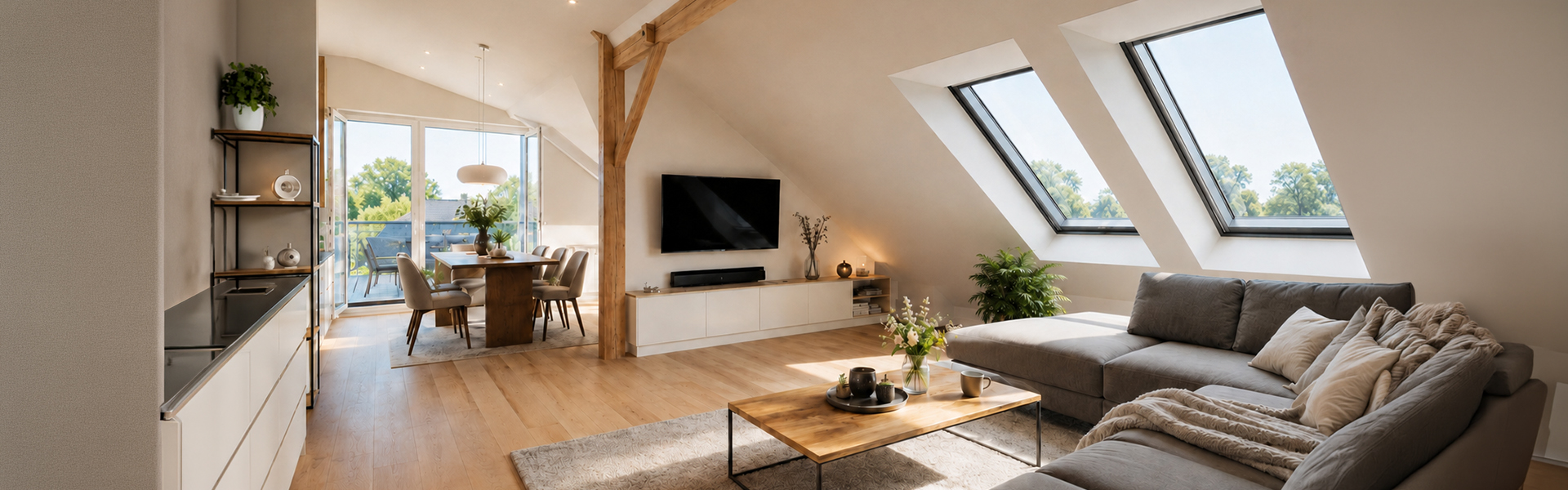 Helles Dachgeschoss-Wohnzimmer mit Holzbalken, Dachfenstern, grauem Sofa und offenem Grundriss