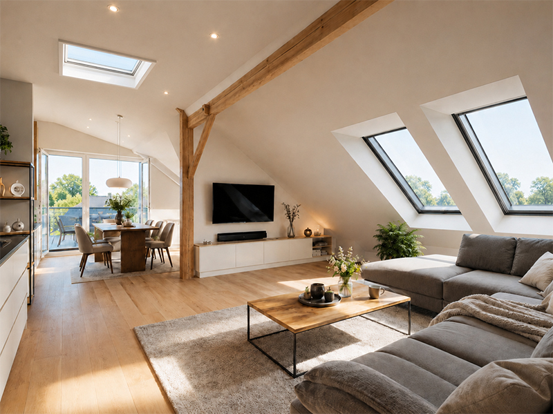 Helles Dachgeschoss-Wohnzimmer mit Holzbalken, Dachfenstern, grauem Sofa und offenem Grundriss