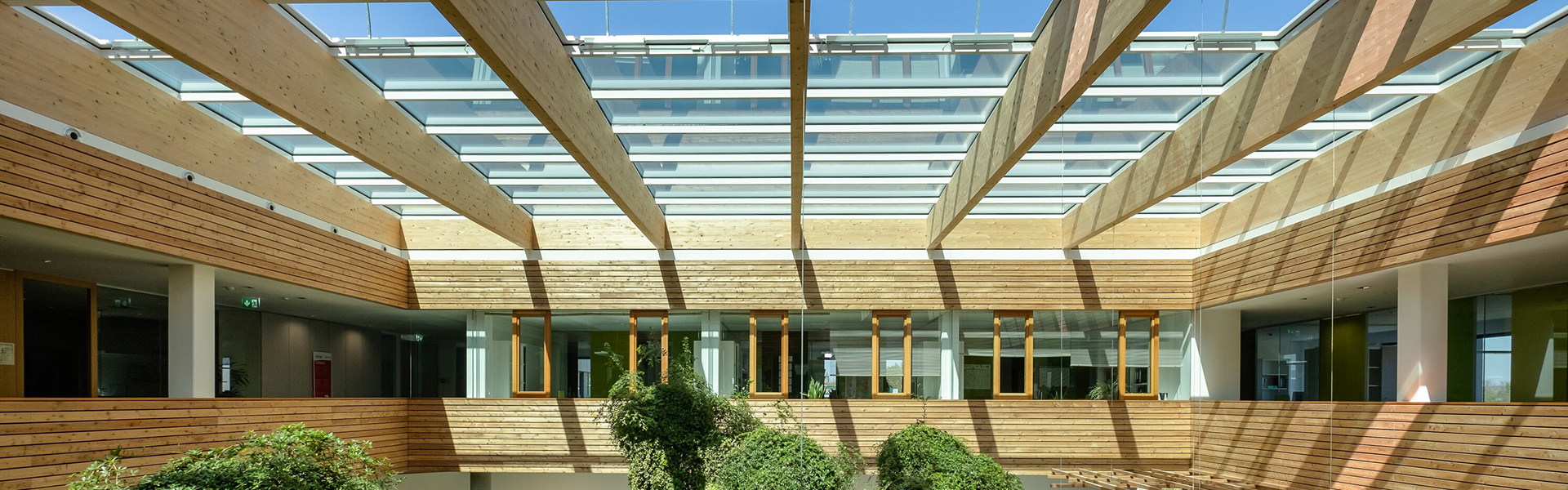 Helles Atrium eines modernen Gebäudes mit Holzverkleidung, Glasdach und begrüntem Innenhof